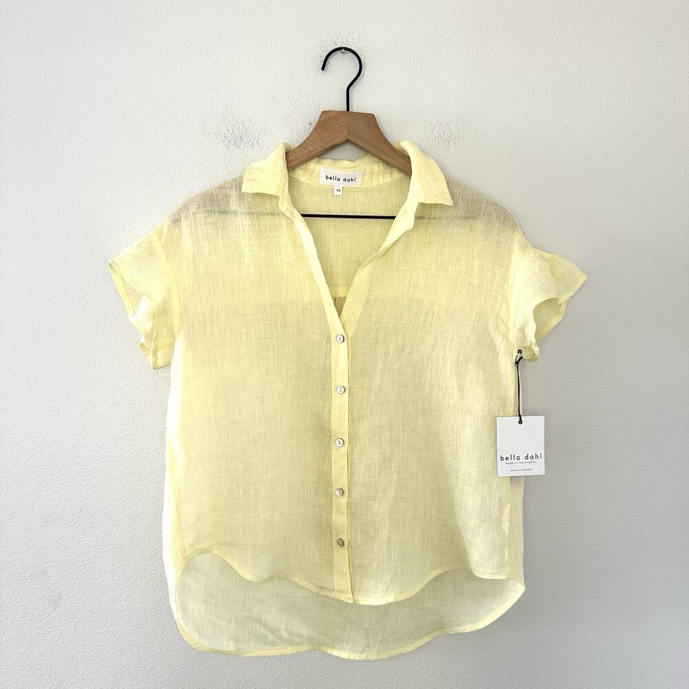 Bella Dahl USA Made 100% Linen Ruffle Sleeve Button Down Shirt NWT Sz XS Yellow